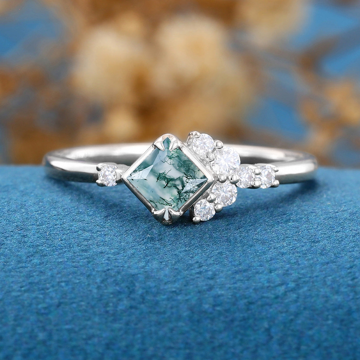 Princess Square  Cut Natural Green Moss Agate Cluster Engagement Ring
