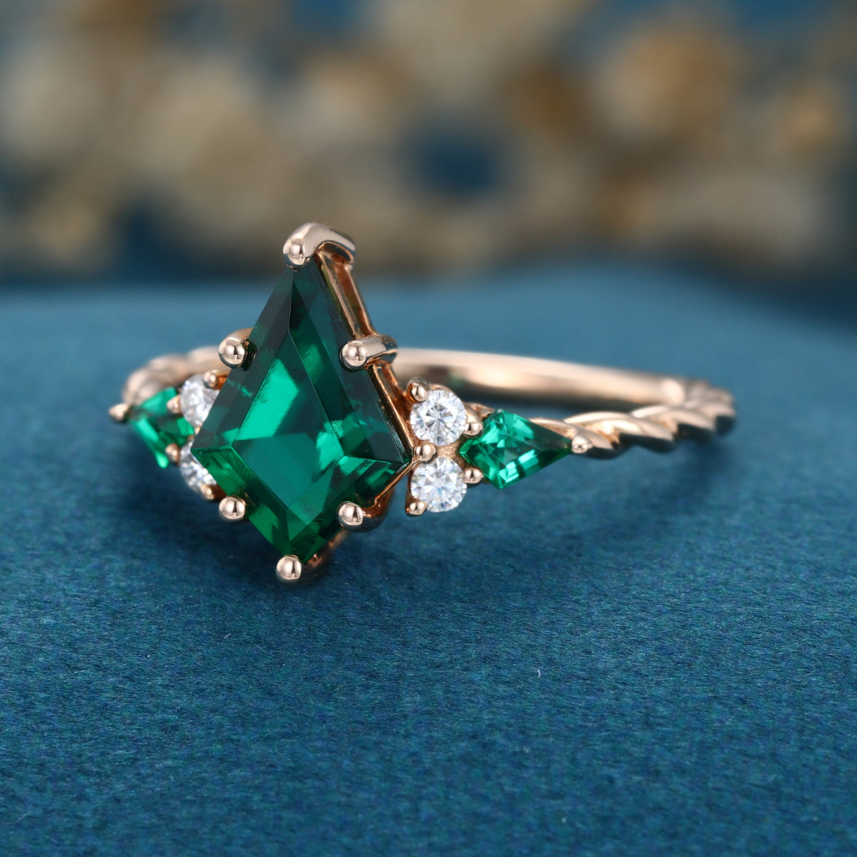 Kite cut Lab grown Emerald Solid Gold Engagement Ring