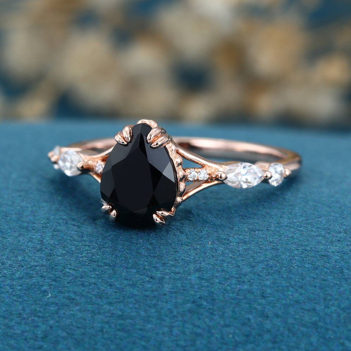 Pear cut Black Onyx Solid Gold Engagement Ring