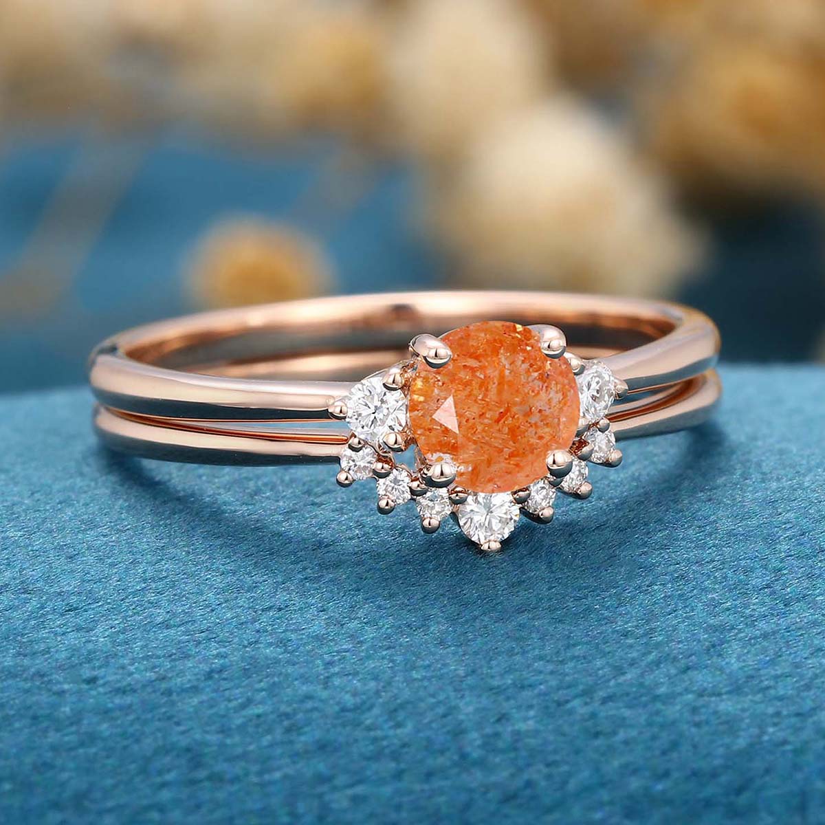 Round cut Sunstone Cluster Engagement ring Bridal Set