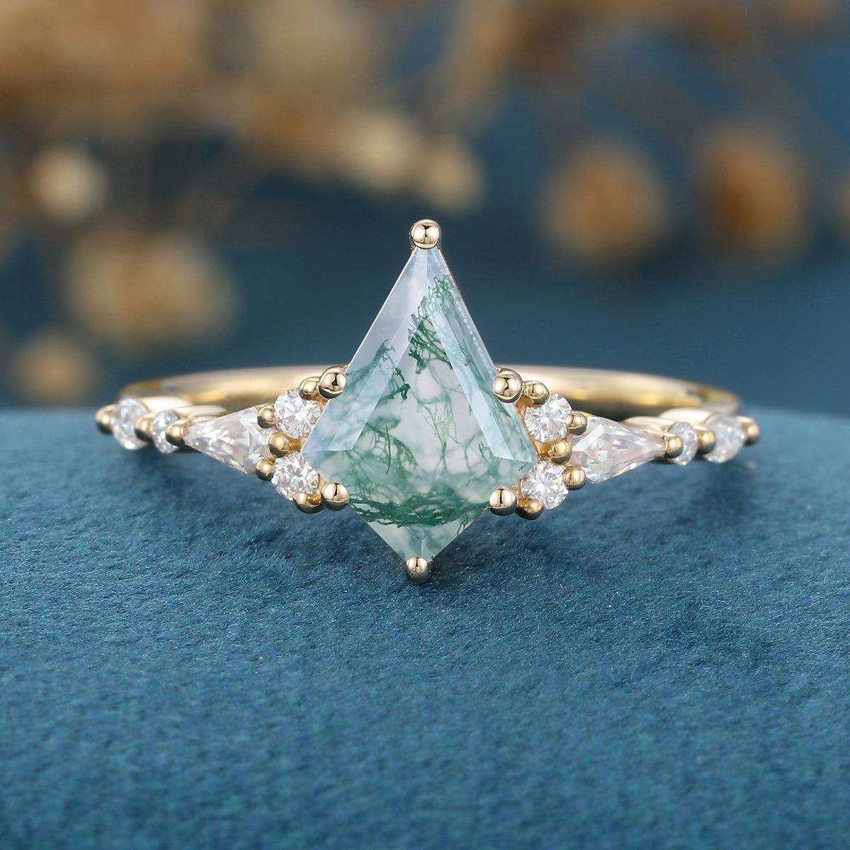 Kite Cut Natural Green Moss Agate Cluster Engagement Ring