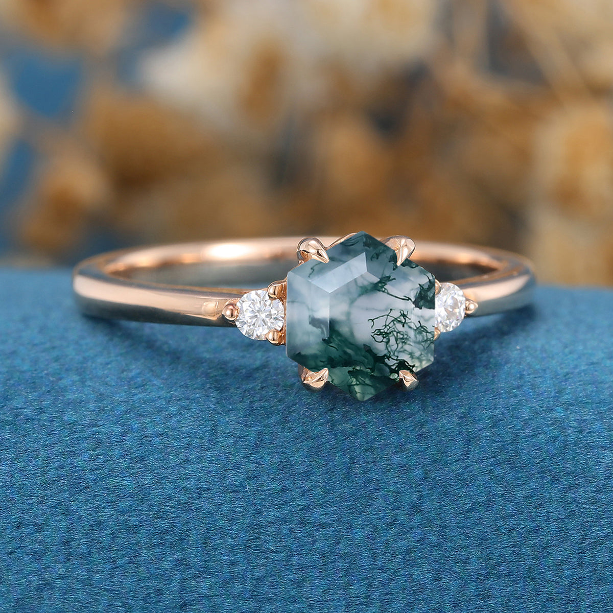 Hexagon Cut Natural Green Moss Agate Cluster Engagement Ring