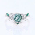Nature Inspired Round cut Moss Agate Leaf Gold ring set