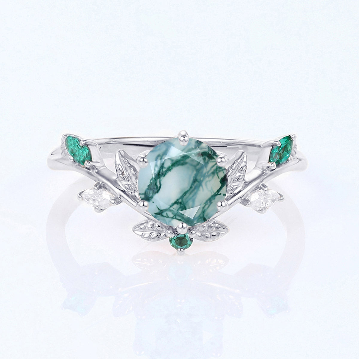 Nature Inspired Round cut Moss Agate Leaf Gold ring set
