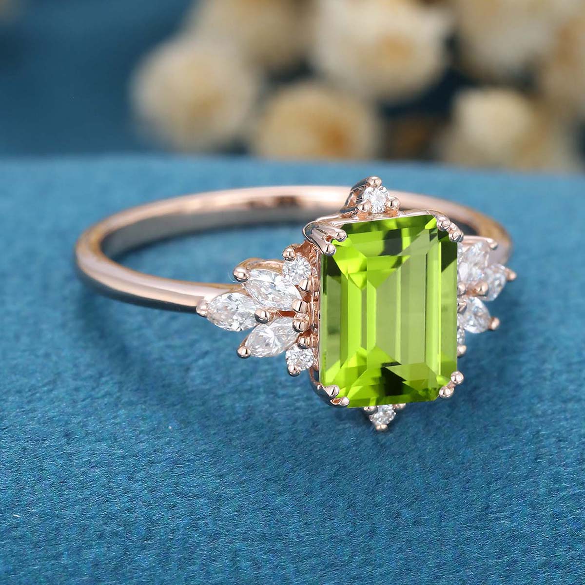 Emerald cut Olivine Cluster Engagement Ring