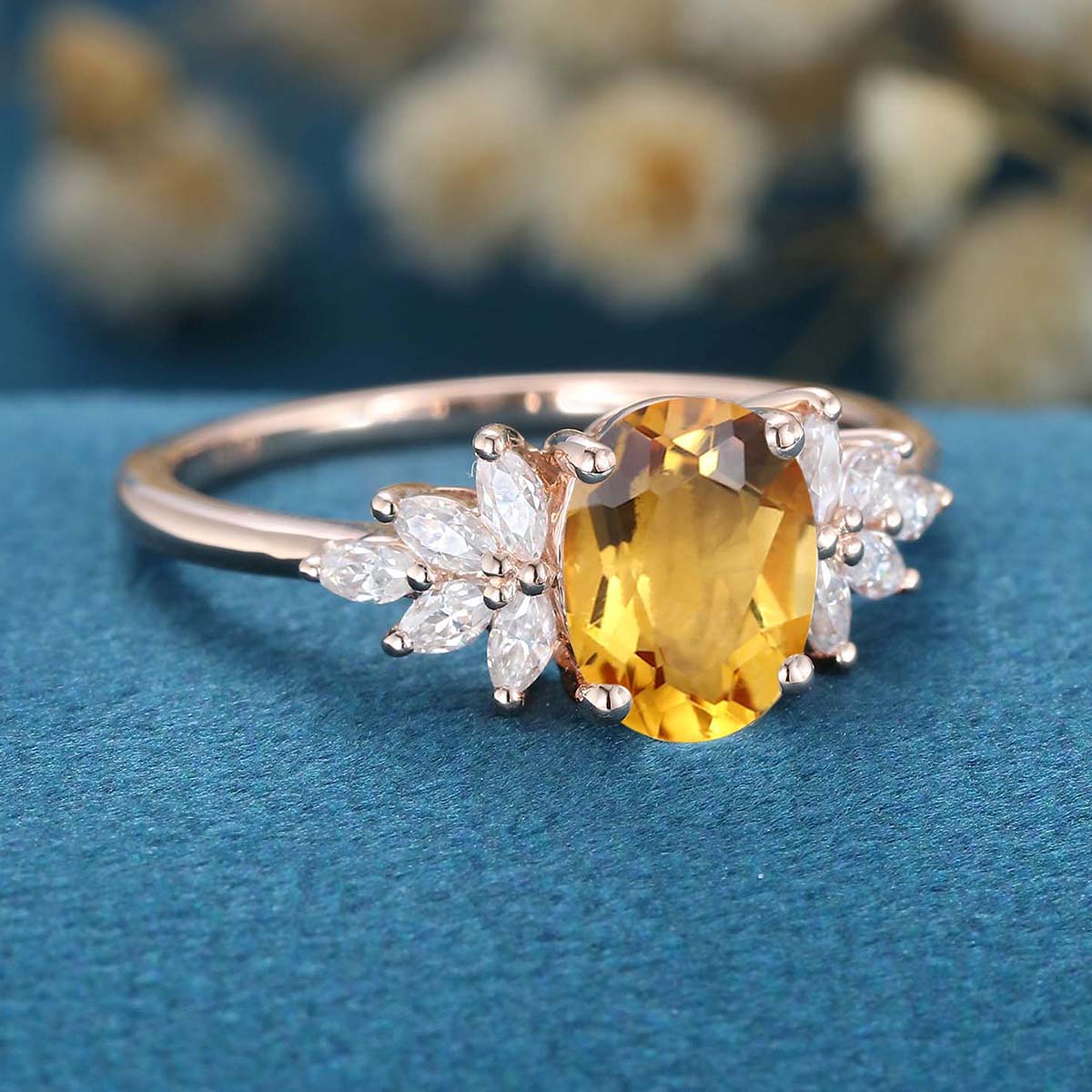 Oval cut Citrine Cluster Engagement Ring