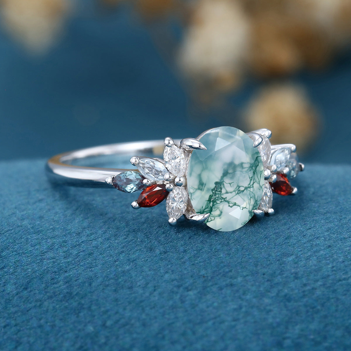 Natural Green Moss Agate Oval cut cluster Engagement Ring