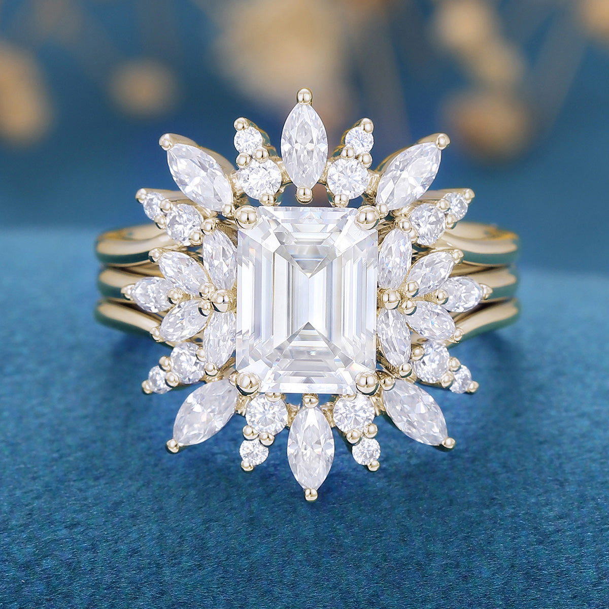 1.75 Carat Emerald cut Moissanite Cluster Engagement Ring Bridal Set