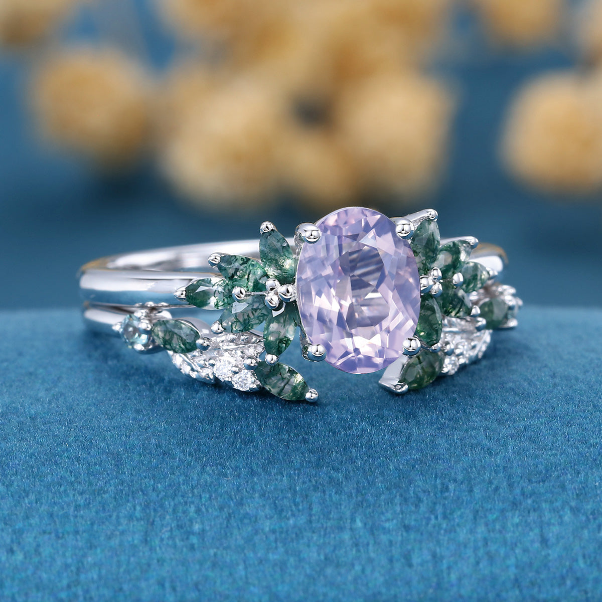 Vintage Oval cut Lavender Amethyst  + Moss agate Wedding Bridal Set