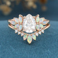 Pear cut Moissanite Cluster Opal Engagement ring Bridal Set