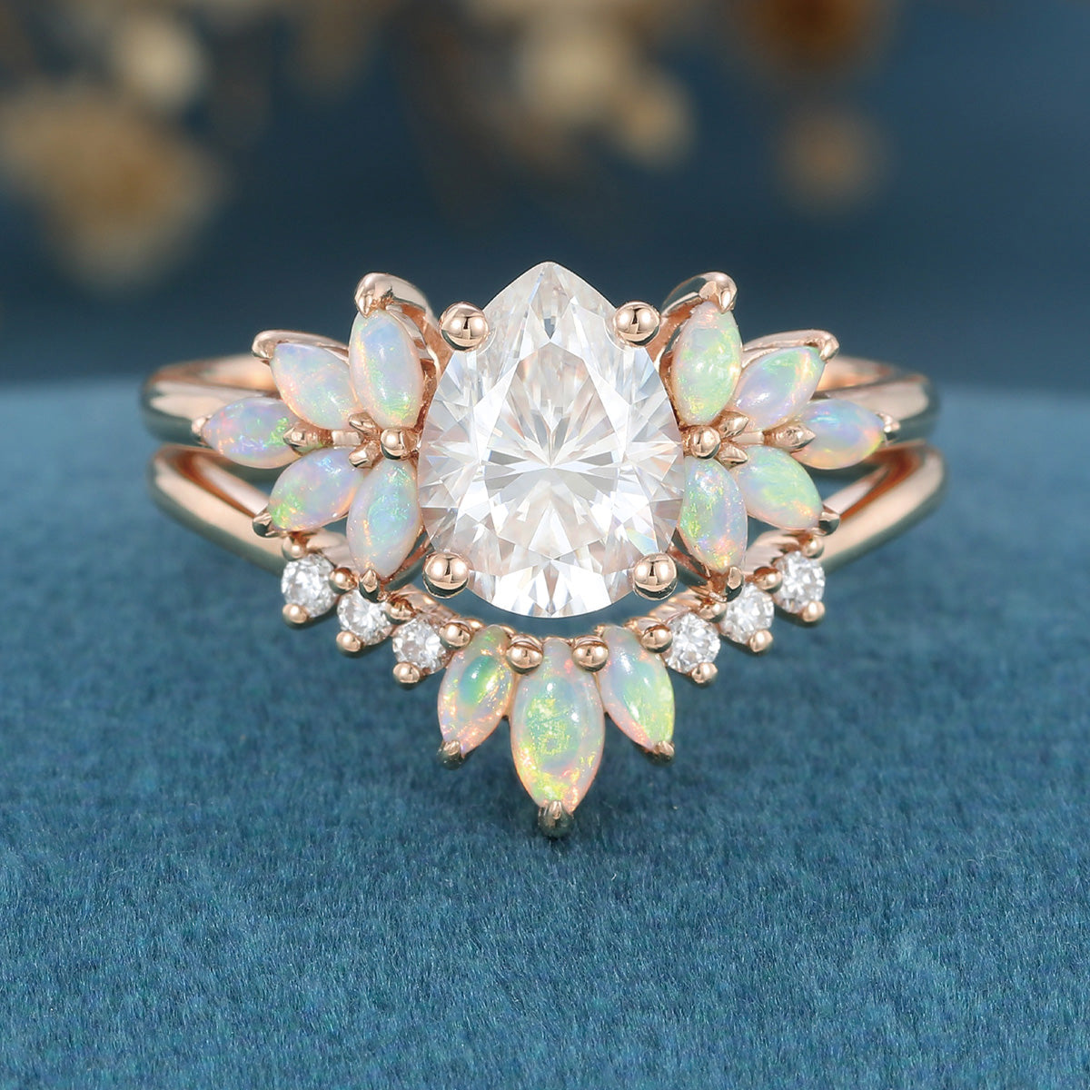 Pear cut Moissanite Cluster Opal Engagement ring Bridal Set
