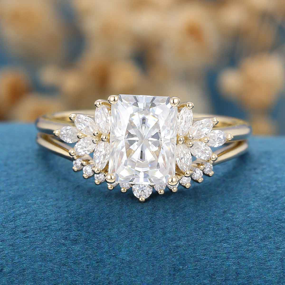 Radiant cut Moissanite Cluster Engagement ring Bridal Set