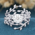 Nature Inspired Round cut Moissanite Leaf Gold ring set