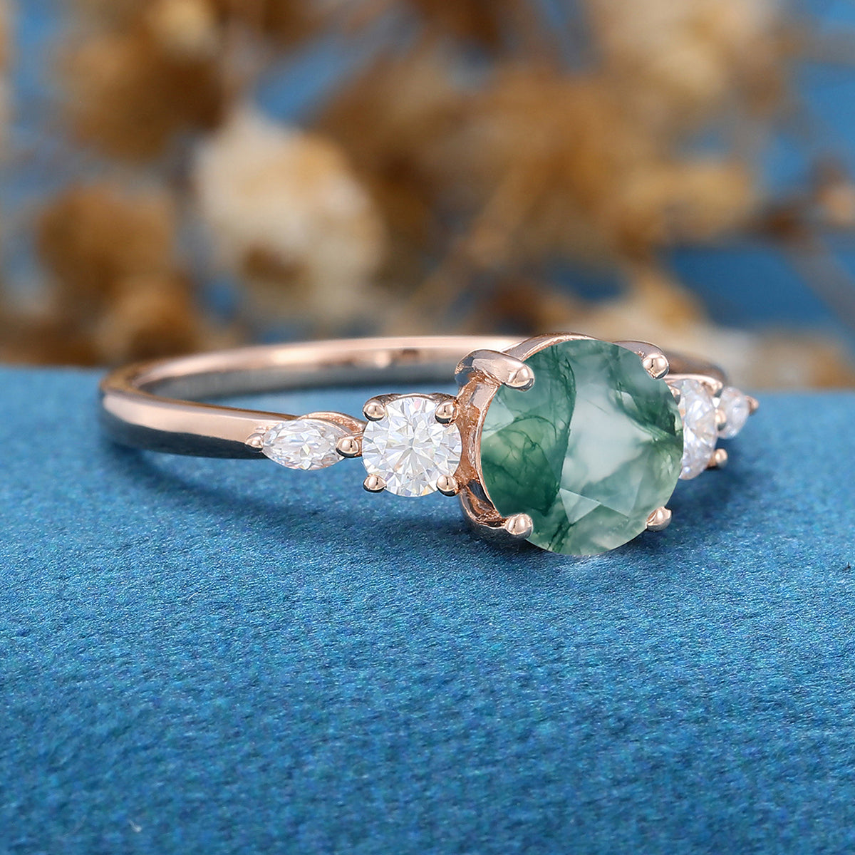 Round Cut Natural Green Moss Agate Cluster Engagement Ring
