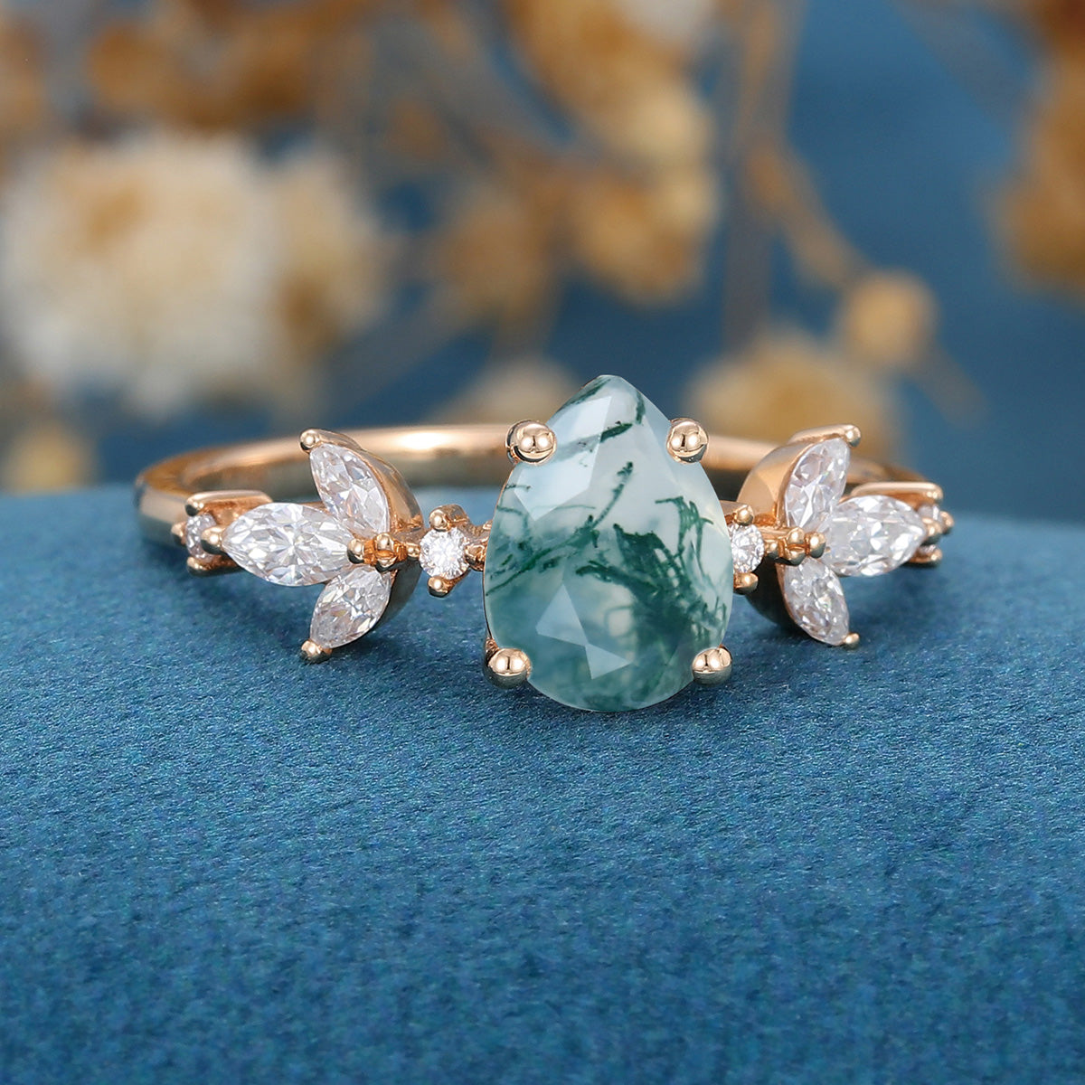 Pear Cut Natural Green Moss Agate Cluster Engagement Ring