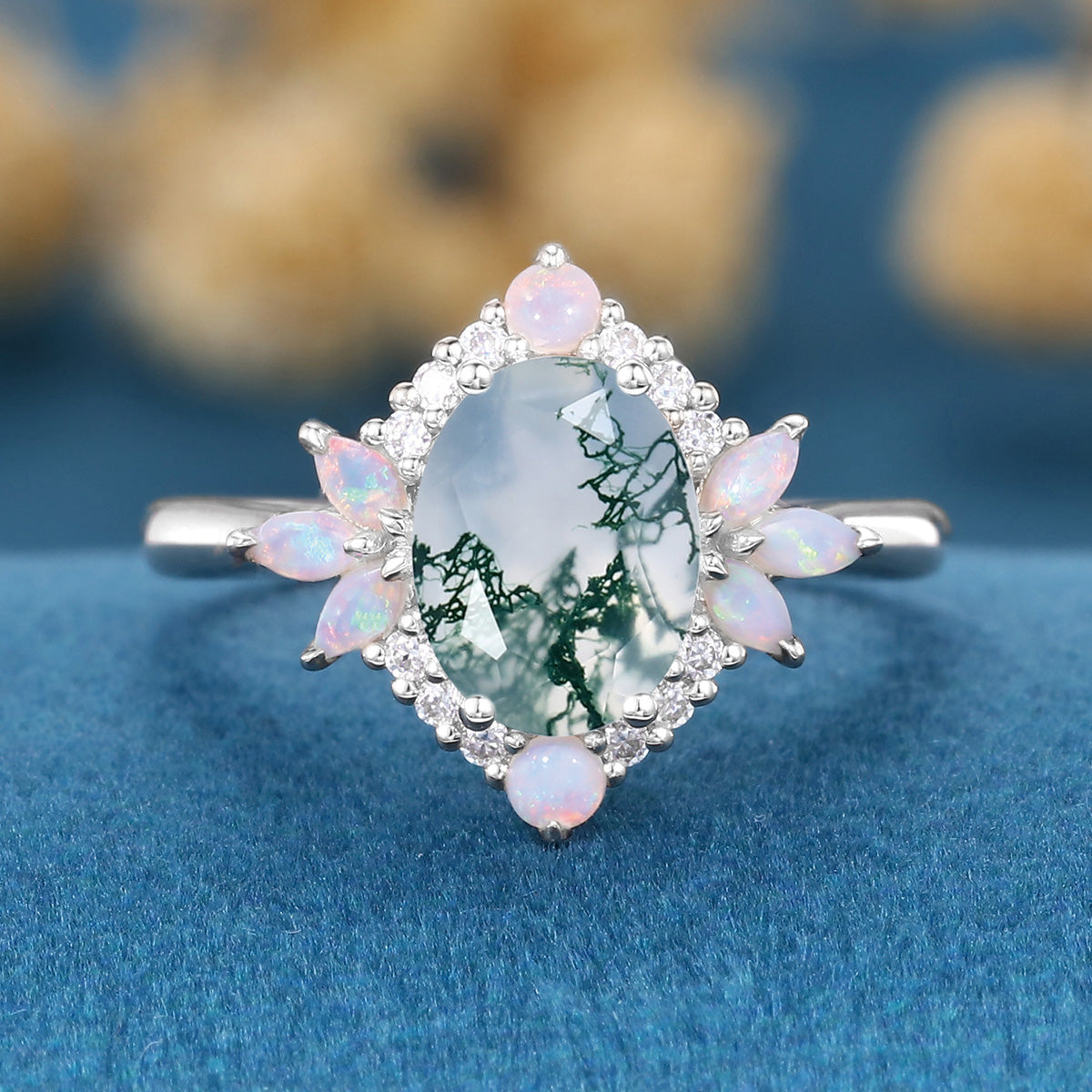 Oval cut Moss agate + Opal Rose Gold Engagement Ring