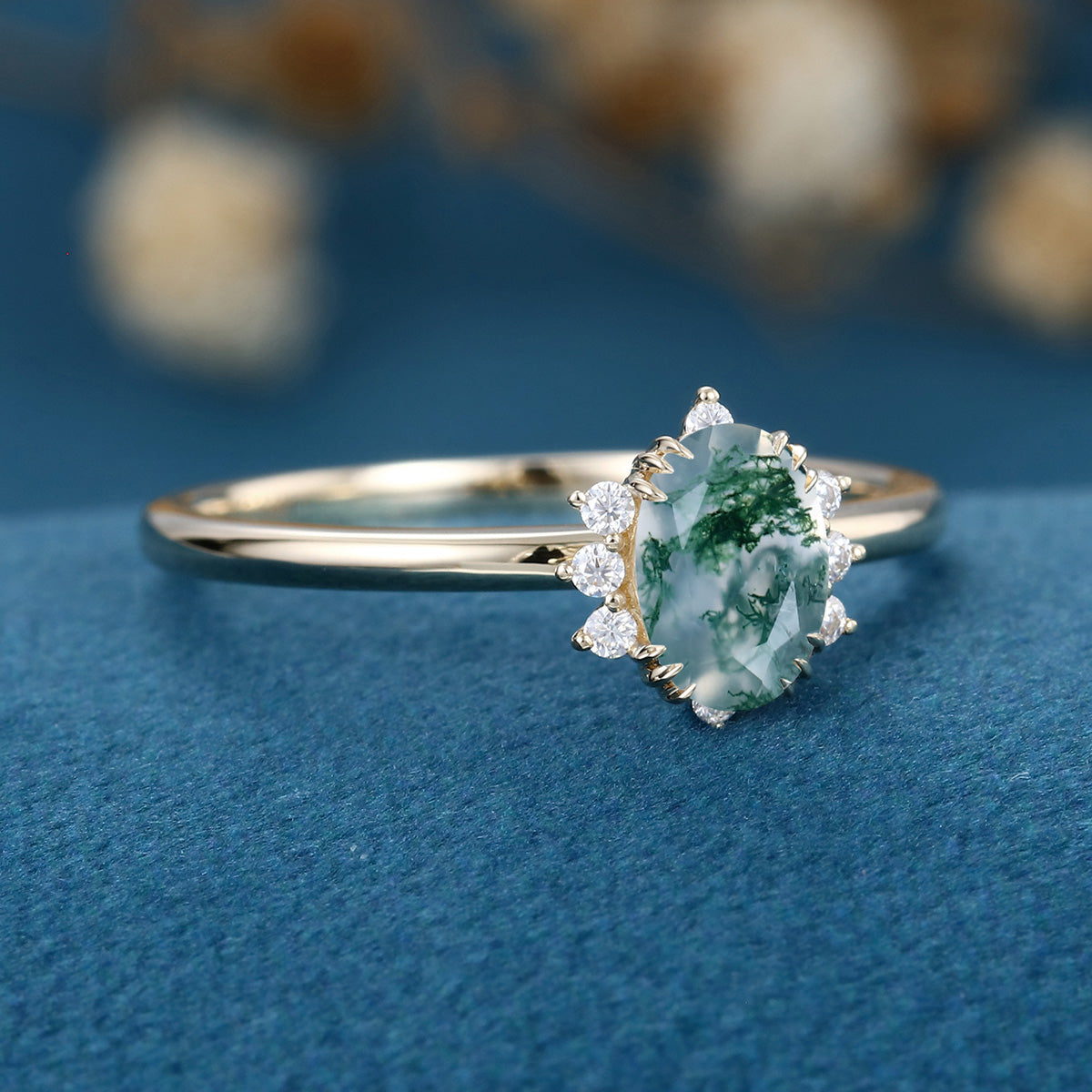 Natural Green Moss Agate Oval cut cluster Engagement Ring