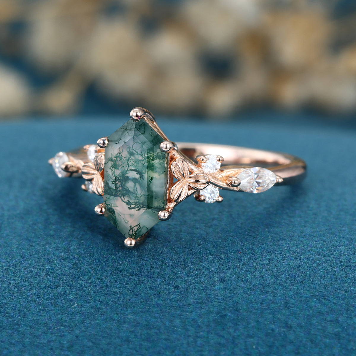 Long Hexagon cut Moss Agate Solid Gold Engagement Ring
