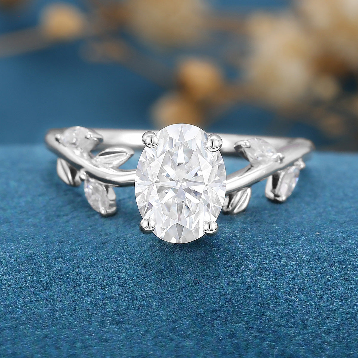 1.5 Carat Vintage Oval cut Moissanite leaf Engagement Ring