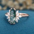 Long Hexagon cut Moss Agate Solid Gold Engagement Ring