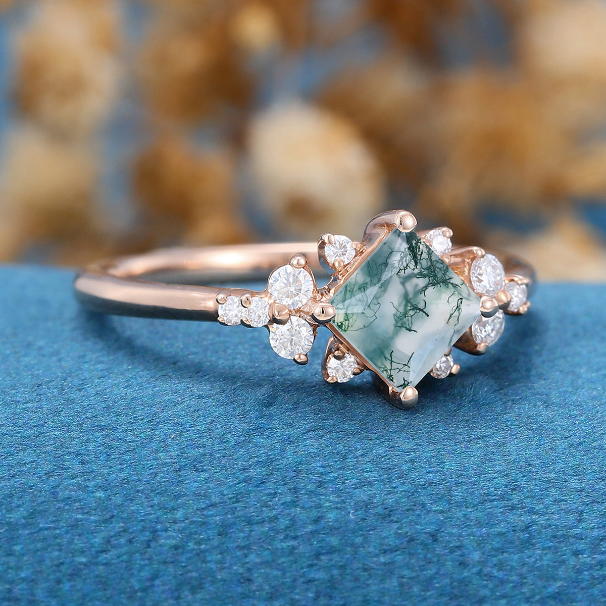 Princess Square  Cut Natural Green Moss Agate Cluster Engagement Ring