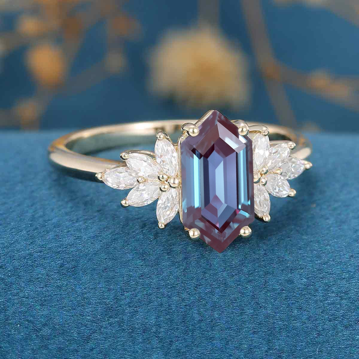 Long Hexagon cut Alexandrite Engagement ring