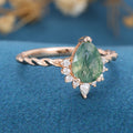 Pear Cut Natural Green Moss Agate Cluster Engagement Ring