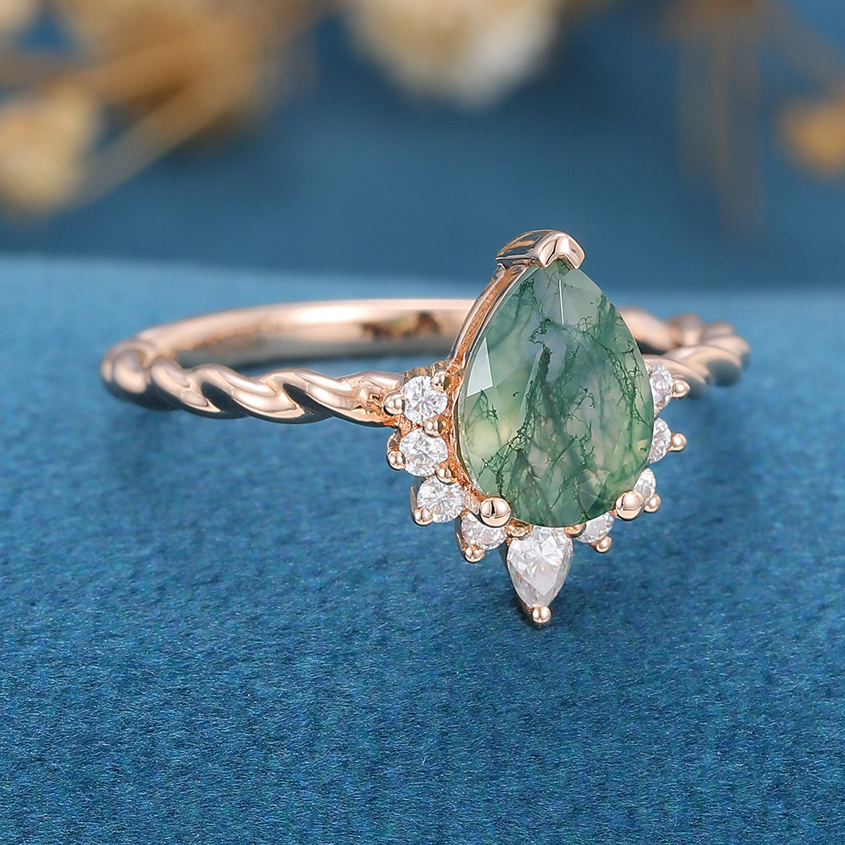 Pear Cut Natural Green Moss Agate Cluster Engagement Ring