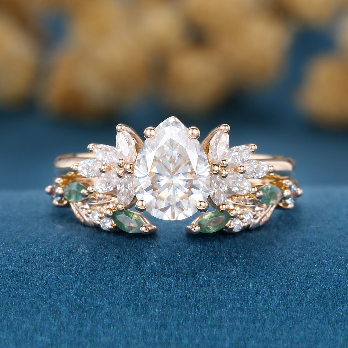 Pear cut Moissanite Engagement ring +Moss agate Wedding Bridal set