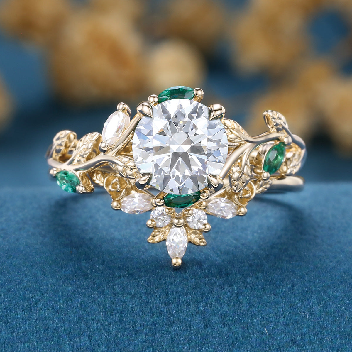 Pear Moissanite Engagement ring + Pink Sapphire | Lab Emerald Curved Wedding bridal set