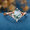 Pear Cut Natural Green Moss Agate Cluster Engagement Ring