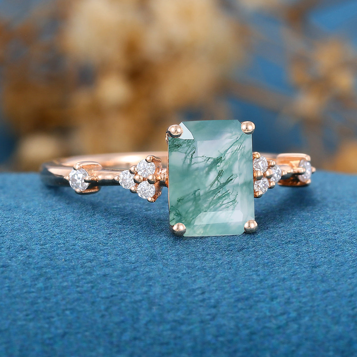 Emerald Cut Natural Green Moss Agate Cluster Engagement Ring