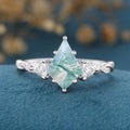 Kite Cut Natural Green Moss Agate Cluster Engagement Ring