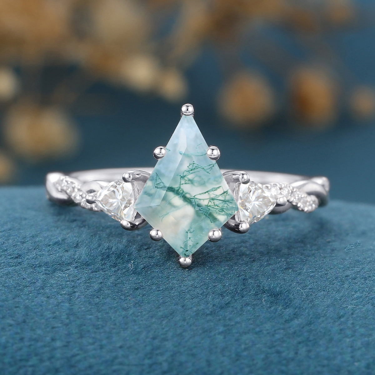 Kite Cut Natural Green Moss Agate Cluster Engagement Ring