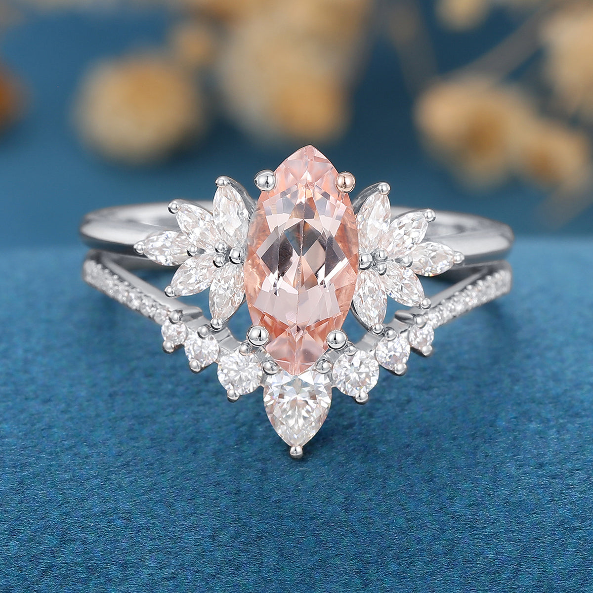 1.0Carat Marquise cut Morganite Cluster Engagement ring Bridal Set for Women