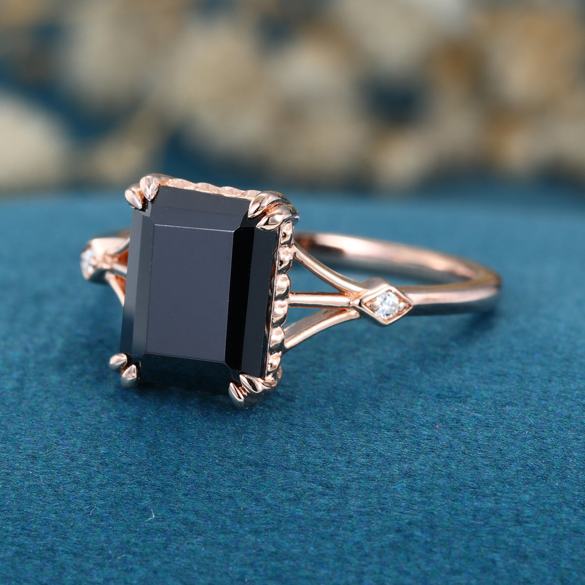 Emerald cut Black Onyx Solid Gold Engagement Ring