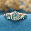 Pear cut Moss Agate Matching Lab Emeralds Gold Engagement Ring