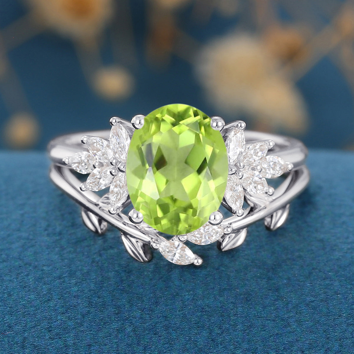 Oval cut Olivine Cluster Engagement ring Bridal Set