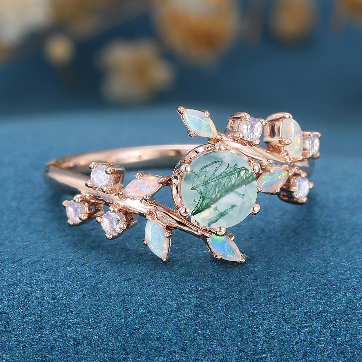 Round Cut Natural Green Moss Agate Cluster Engagement Ring