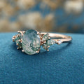 Oval cut Moss Agate + Diamonds Solid Gold Engagement Ring