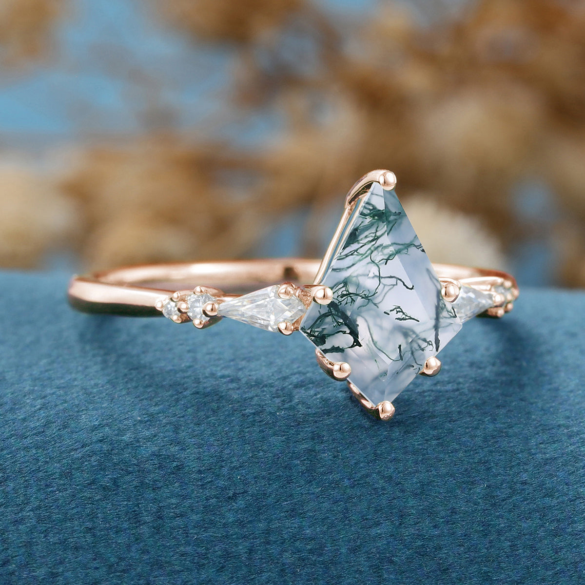 Kite Cut Natural Green Moss Agate Engagement Ring