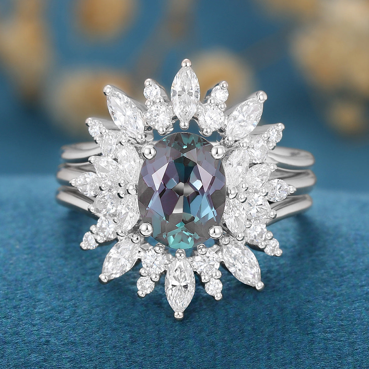1.5Carat 3PCS Oval cut Lab Alexandrite Cluster Engagement Ring Set