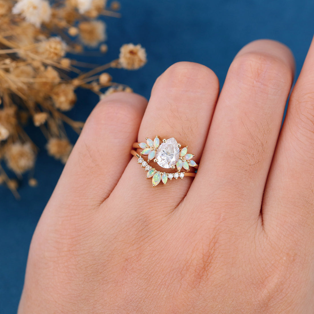 Pear cut Moissanite Cluster Opal Engagement ring Bridal Set