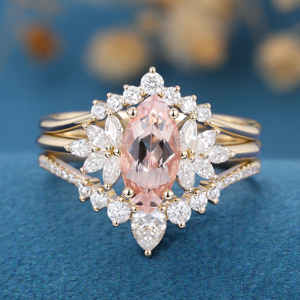1.0Carat Marquise cut Morganite Cluster Engagement ring Bridal Set