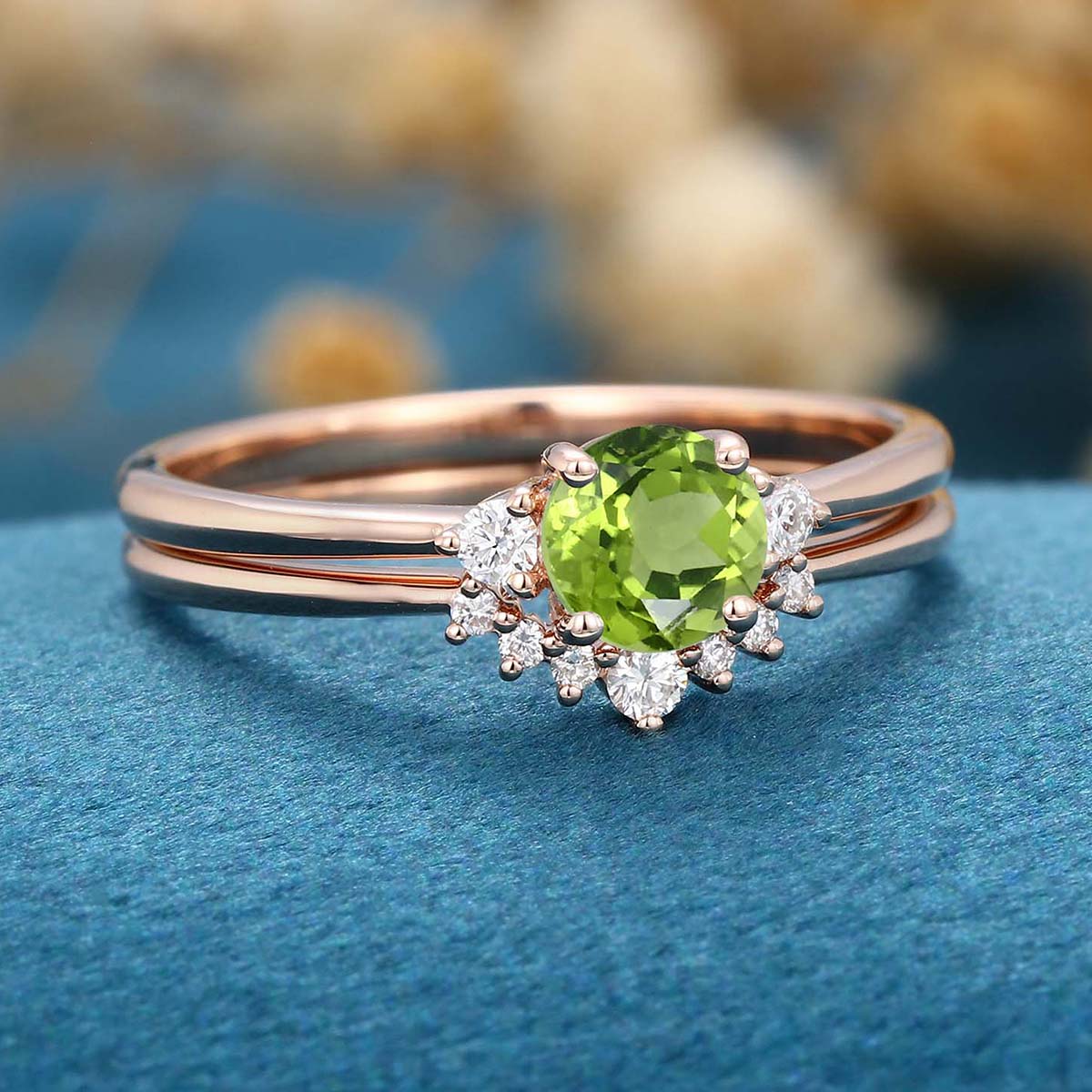 Round cut Olivine Cluster Engagement ring Bridal Set