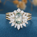 Natural Green Moss Agate 3PCS Oval cut Engagement rings Bridal Sets