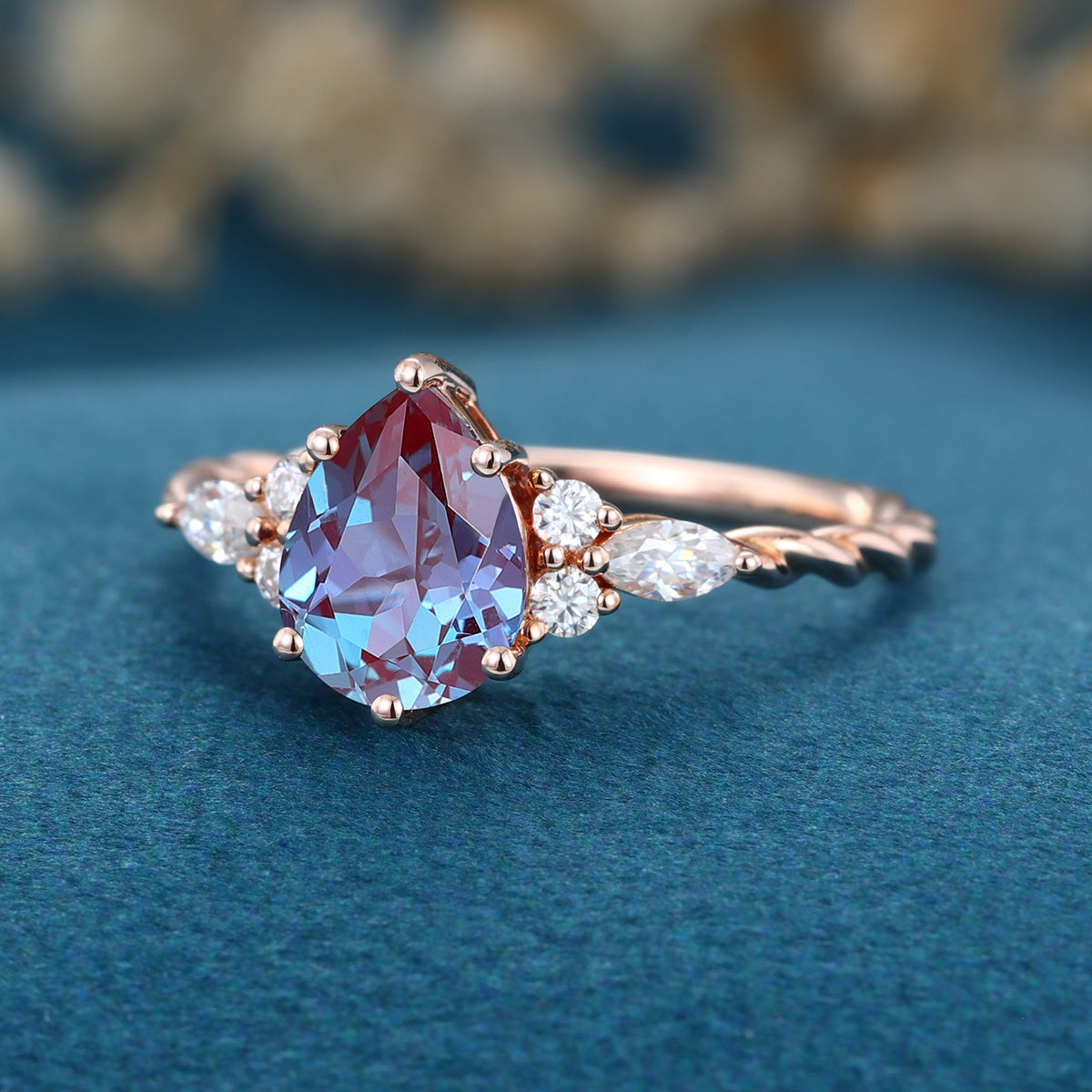 Pear cut  Lab Alexandrite Solid Gold Engagement Ring