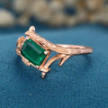 Nature Inspired Emerald cut Lab grown Emerald Solid Gold Engagement Ring