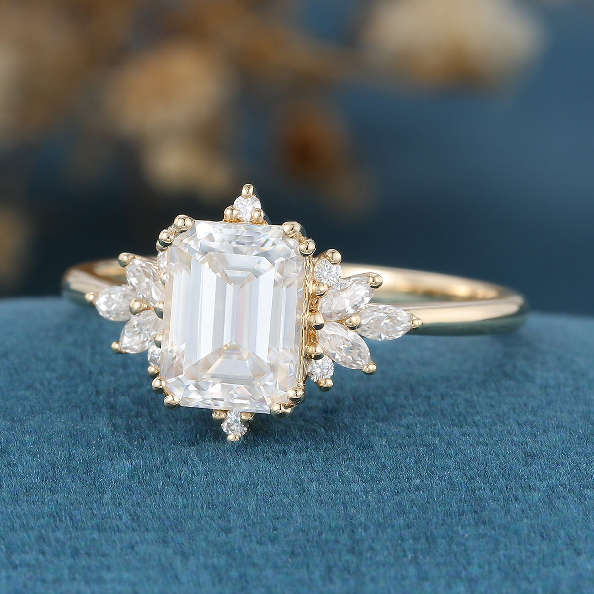 Emerald cut Moissanite Cluster Engagement ring