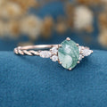 Natural Green Moss Agate Oval cut cluster Engagement Ring